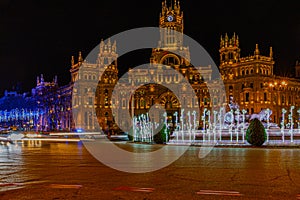 The illuminated Plaza de Cibeles in downtown Madrid during holiday season