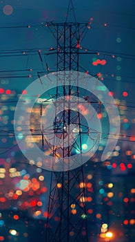 Illuminated power lines and tower against city lights at night