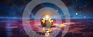 A illuminated puzzle piece completes an intricate challenge in solving game. Concept Puzzle solving, Illuminated challenge, Brain