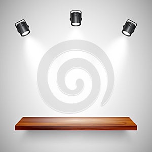 Illuminated realistic wooden wall shelf. Empty store rack. Studio background with spotlights. Vector illustration.