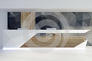 Illuminated reception desk in contemporary interior front