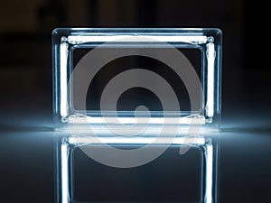 Illuminated rectangular light frame reflecting on a dark, glossy surface