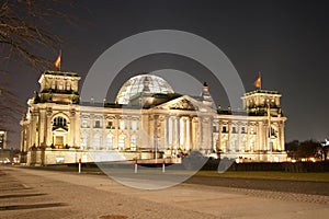 Illuminated Reichstag building in Berlin