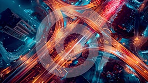 Illuminated road intersection in the city. Road traffic