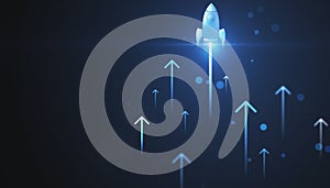 Illuminated rocket symbolizing business growth with upward arrows on a deep blue backdrop. Startup and progress concept. 3D