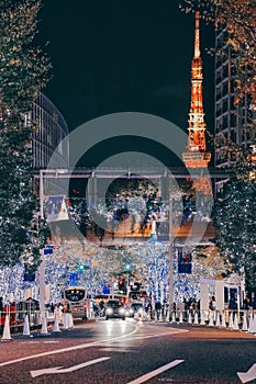 Illuminated Roppongi Keyakizaka Street and Tokyo Tower during winter Nov 28 2023