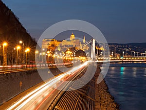 Illuminated Royal Buda Castle above Danube River by night in Budapest, Hungary, Europe. UNESCO World Heritage Site