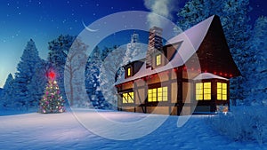 Illuminated rustic house and christmas tree at night