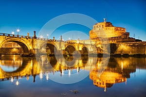 Illuminated Saint Angelo Castle at Dusk, Castel Sant Angelo in Rome