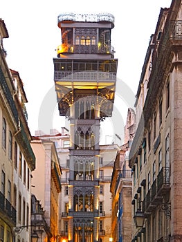 Illuminated Santa Justa or Carmo lift or elevator in the evening in Lisbon, Portugal