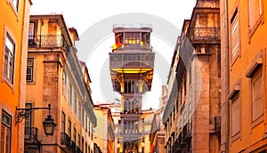 Illuminated Santa Justa or Carmo lift or elevator in the evening in Lisbon, Portugal