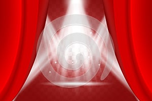 Illuminated scene behind ajar red curtain. Spotlights effect, realistic vector illustration