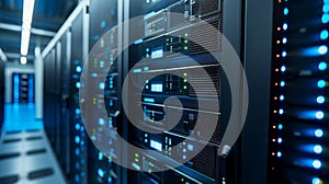 Illuminated server racks in a high-tech data center.