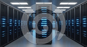 Server Room with Rows of Rack Servers Data Center and Bright Blue Lights for Network Storage Cloud Computing IT