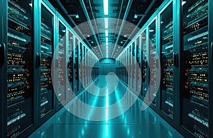 Illuminated server room with rows of computer racks, creating visual representation of cloud computing, data center