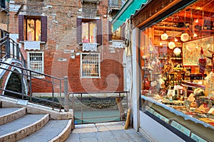 Illuminated shop window in Venice, Italy.