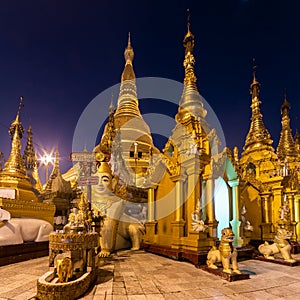 Illuminated Shwedagon Pagoda at twilight