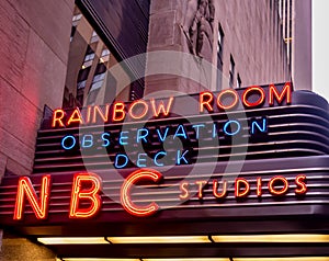 New York, New York, USA - December 8, 2019: Entrance to the Observation deck of the Rockefeller Center and NBC studios