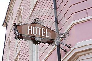 Illuminated sign of a hotel in the popular tourist resort of Riva del Garda in Italy