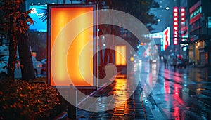 Illuminated Sign on Wet Street at Night: Atmospheric and Attractive Advertisement. Arte com IA