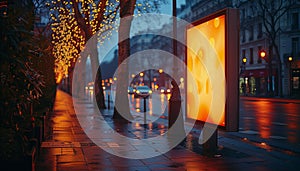 Illuminated Sign on Wet Street at Night: Atmospheric and Attractive Advertisement. Arte com IA