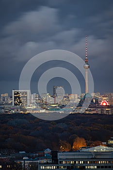 The illuminated skyline of Berlin Mitte during winter dusk