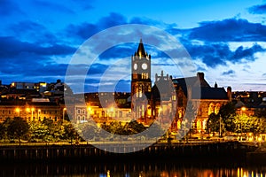 Illuminated skyline in Derry Londonderry in Northern Ireland