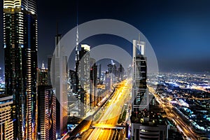 The illuminated skyline of Dubai, UAE, during night time