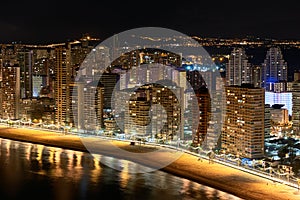 Illuminated skyscrapers of a Benidorm city at night. Spain