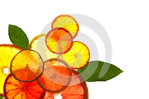 Illuminated slices of citrus fruits and leaves on white background