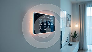 illuminated smart touch control panel, mounted on the wall of a modern home