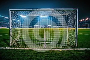 Illuminated Soccer Goal Post and Net at Night in Empty Stadium with Vibrant Grass Field and Stadium Lights