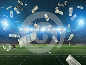 Illuminated soccer stadium and falling banknotes of bettors