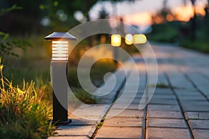 Illuminated solar-powered lamp on a pathway during twilight