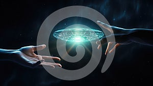 Illuminated spacecraft and hand with first contact with aliens concept. Generative ai