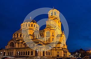 Illuminated St. Alexander Nevski Cathedral in Sofia, Bulgaria