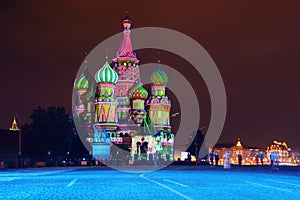 Illuminated St. Basil Cathedral at night in Red Square