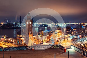 Illuminated St. Pauli Piers in Hamburg at night