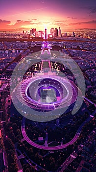 Illuminated stadium in Paris with Eiffel tower at night