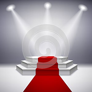 Illuminated stage podium with red carpet