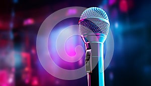 Illuminated stage, singer, audience, spotlight, microphone, performance generated by AI