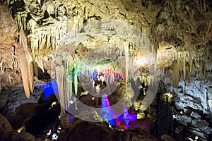 Illuminated Stalactites and stalagmites in Ngilgi cave in Yallingup