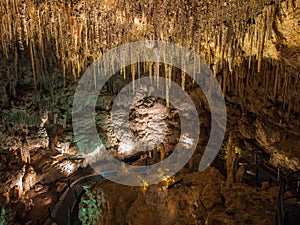 Illuminated Stalactites and stalagmites in Ngilgi cave in Yallingup