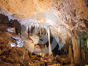 Illuminated Stalactites and stalagmites in Ngilgi cave in Yallingup