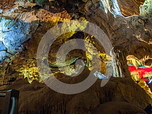 Illuminated Stalactites and stalagmites in Ngilgi cave in Yallingup