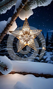 An Illuminated Star Ornament Resting On A Snowy Tree Branch, Photographed Under A Clear Night Sky. Generative AI