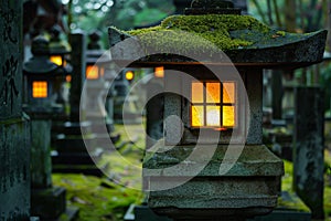 Illuminated stone lantern in a serene Japanese garden at dusk