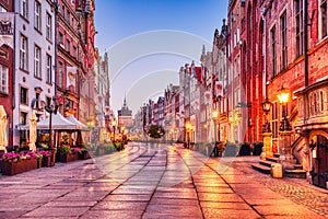 Illuminated Streed in Gransk Old Town at Dusk, Poland