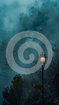 Illuminated street lamp against foggy forest backdrop at dusk