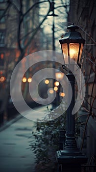 Illuminated street lamp at dusk with blurred background
